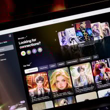 A laptop screen displays the homepage for the AI companion company Talkie AI.