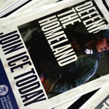 An ICE recruitment flyer that reads "Defend the homeland. Join ICE today."