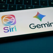 Siri and Gemini logos on smartphone screen