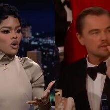 A side-by-side image shows a woman on a talk show and a man sitting at a table at an awards show.