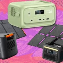 a jackery, bluetti, and anker solix portable power station all on a pink background