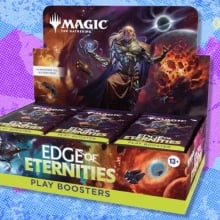 The Magic: The Gathering Edge of Eternities - Play Booster Box on a purple and blue background