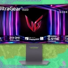 The LG 34GS95QE 34-inch Ultragear OLED Curved Gaming Monitor on a green background
