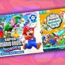 super mario bros. wonder nintendo switch 2 edition + meetup in bellabel park cover against a pink and purple patterned background