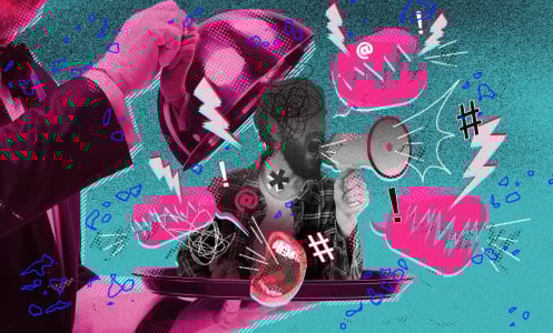 a waiter opening food dome cover to reveal angry man with a megaphone