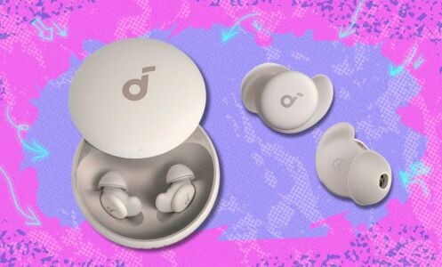 the Soundcore Sleep A20 earbuds with included case and on their own on a pink and purple background