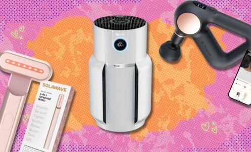 the solawave wand, shark neverchange air purifier, and theragun prime on a pink background with hearts