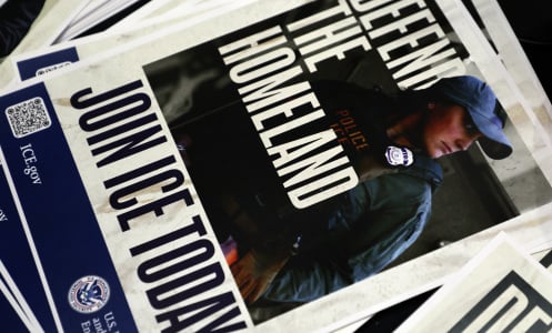 An ICE recruitment flyer that reads "Defend the homeland. Join ICE today."