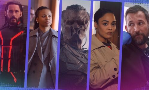 Composite of images from "Tron: Ares," "Industry," "Predators: Badlands," "His & Hers," and "The Pitt."