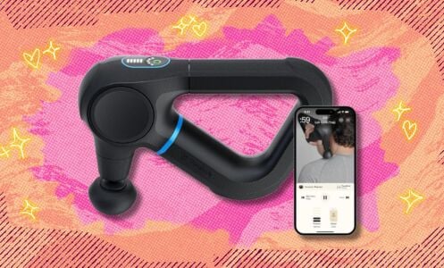 the theragun prime massage gun on a pink background