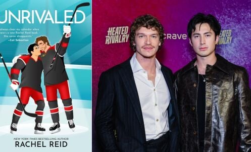 A side-by-side photo of a book cover and two actors posing on a red carpet