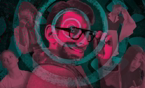 Man with meta ray ban glasses with creepy grin