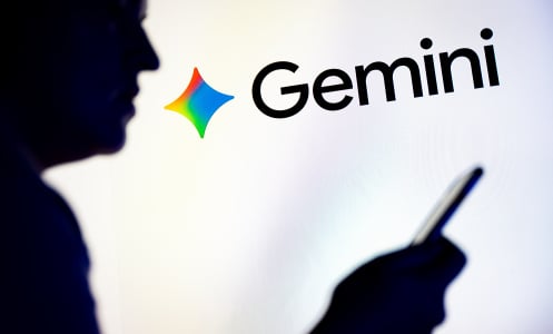 Google Gemini logo next to a man on a mobile device