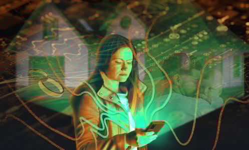 a woman looking at her phone surrounded by life stage symbols: a house, wedding rings, and a baby