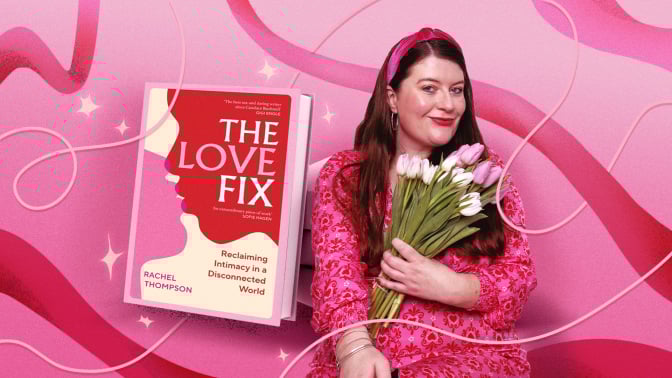 The cover of "The Love Fix" beside an image of the author Rachel Thompson on a pink background covered in ribbons and sparkles.