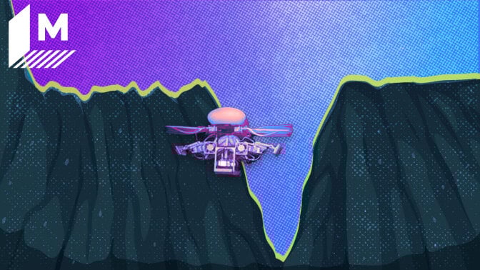 A Mashable illustration shows the small deep sea robot dive down the Mariana Trench