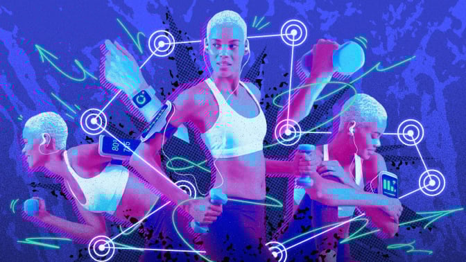 An artistic composite of a woman exercising while using equiptment such as hand weights and fitness trackers.