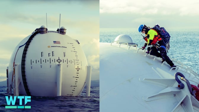 A split screen shows Ocean-2's spherical top emerging from the water surface (left), and a close-up image of an engineer working on top of the converter.