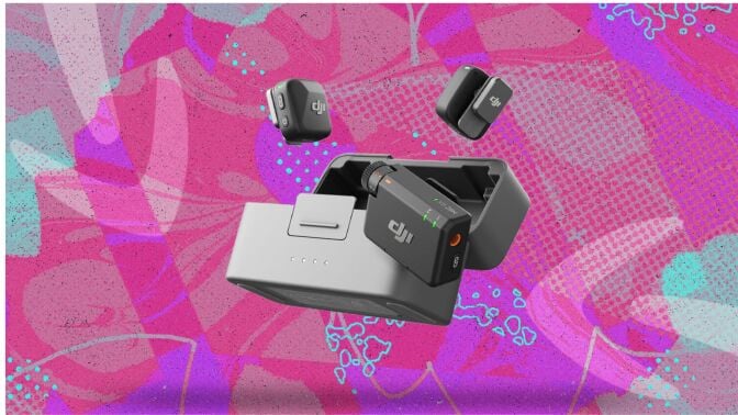 dji mic mini set on pink graphic background
