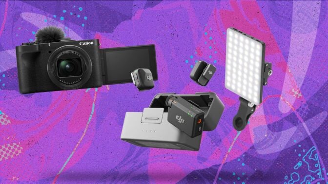 camera, mics, and light on purple graphic background