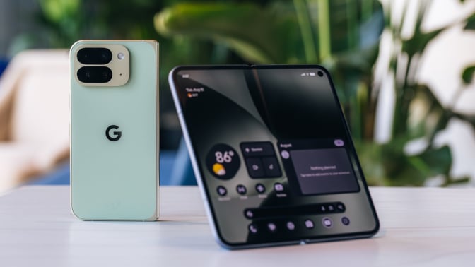 two pixel 10 pro fold smartphones, one folded, one unfolded