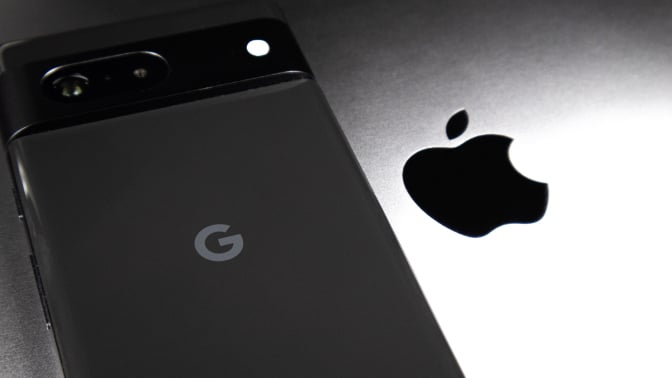 Google Pixel phone next to Apple logo