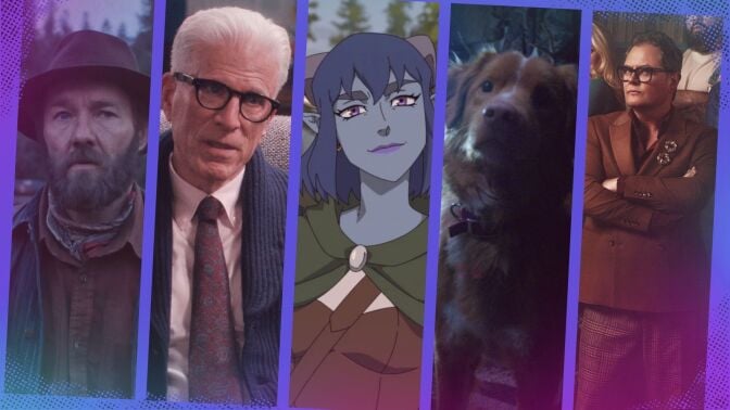 A composite of images from "Train Dreams," "A Man on the Inside," "The Mighty Nein," "Good Boy," and "The Celebrity Traitors UK."