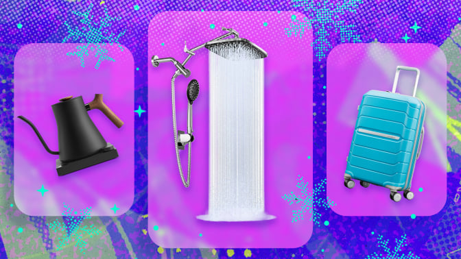 electric kettle, shower head, and luggage on abstract wintery background