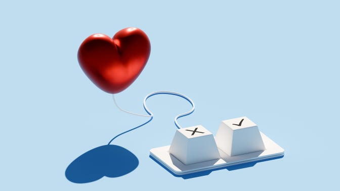 A keyboard with two keys, one marked with an "X" and the other with a check mark, is set against a blue background.