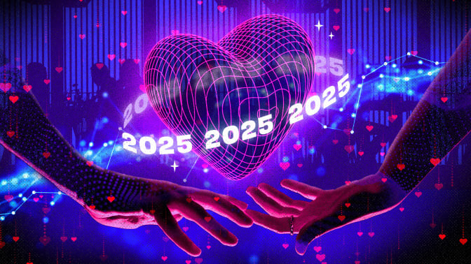 A heart with "2025" revolving around it. Below are two hands touching. 