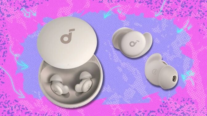 the Soundcore Sleep A20 earbuds with included case and on their own on a pink and purple background