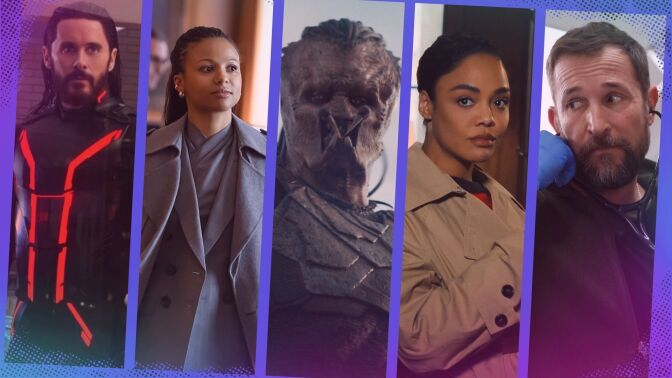 Composite of images from "Tron: Ares," "Industry," "Predators: Badlands," "His & Hers," and "The Pitt."