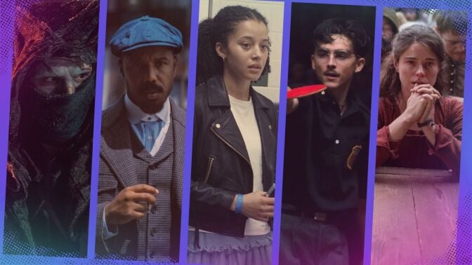 A composite of stills from "Frankenstein," "Sinners," "One Battle After Another," "Marty Supreme," and "Hamnet."