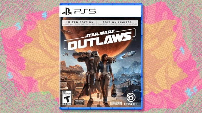 Star Wars Outlaws - Limited Edition on PS5 on a beige, pink, and orange, background