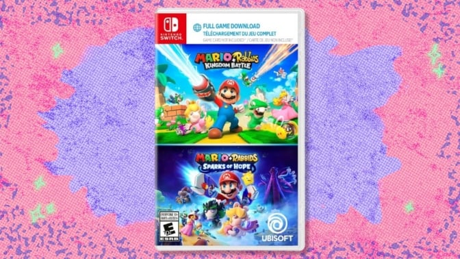 The Mario + Rabbids Bundle for Nintendo Switch on a purple and pink background