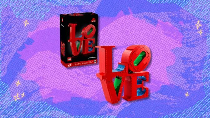 lego art love set against a purple patterned background