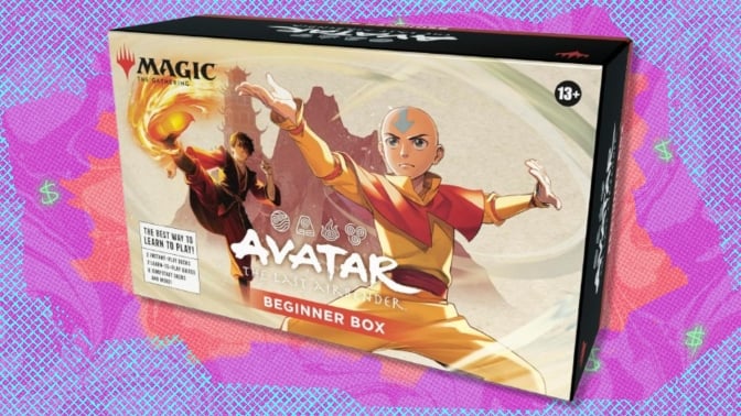 The  Magic: The Gathering Avatar: The Last Airbender Beginner Box on a blue, purple, and red background