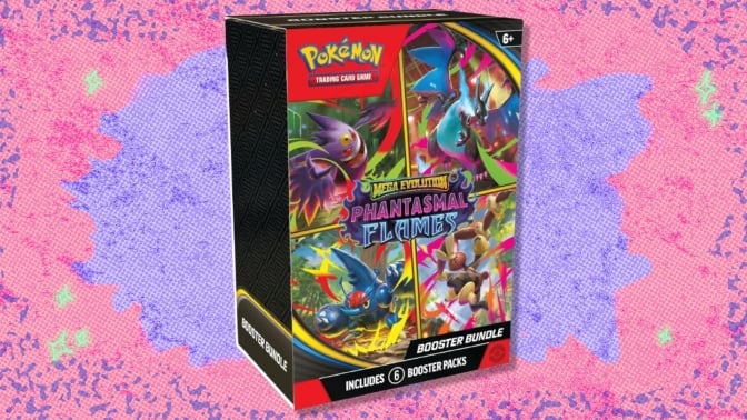 Pokémon TCG Phantasmal Flames Booster Bundle on a pink and purple background