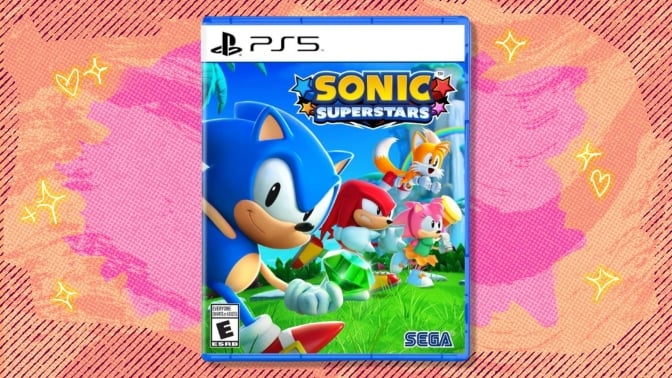 Sonic Superstars on PS5 on an orange and pink background