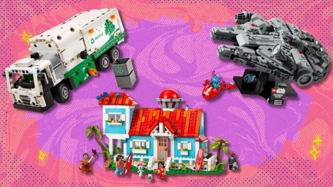 a Lego recycling truck, Lilo and Stich Beach House, and Lego Star Wars Millennium Falcon builds all on a pink and coral-colored background