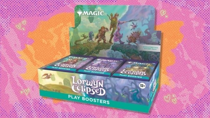 The Magic: The Gathering Lorwyn Eclipsed Play Booster Box on a red and orange background