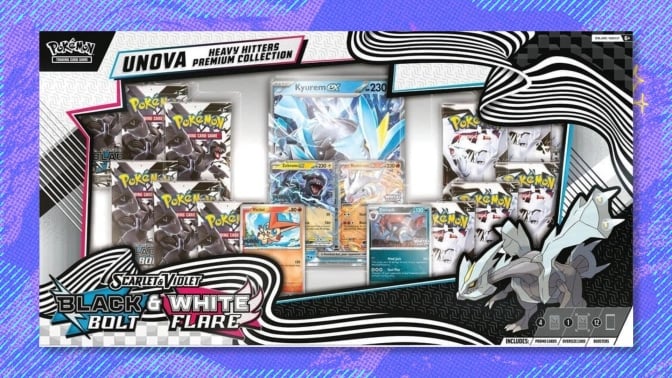 The Pokemon TCG Unova Heavy Hitters Premium Collection on a purple background
