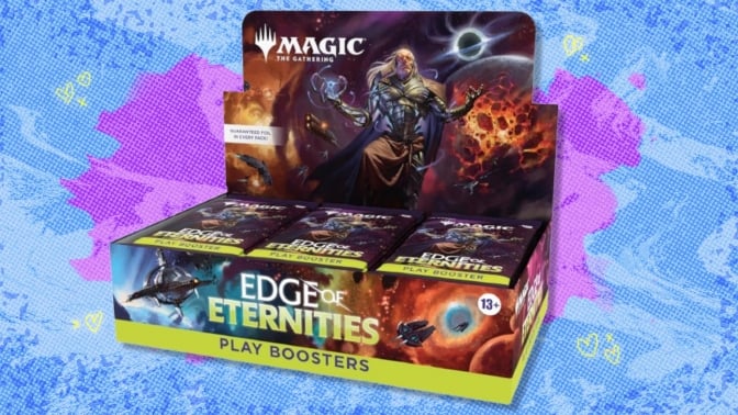 The Magic: The Gathering Edge of Eternities - Play Booster Box on a purple and blue background