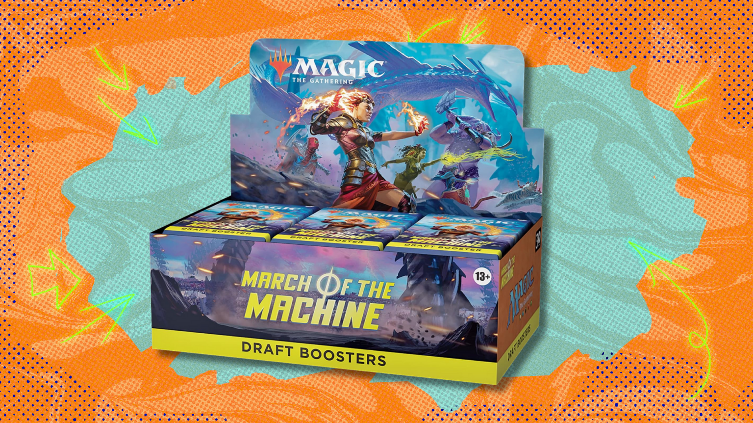 Magic: The Gathering March of the Machine booster box on teal and orange abstract background