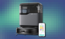 Eufy Omni C20 robot vacuum and mop on teal abstract background