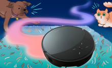Roborock Saros 10R robot vacuum featured in illustration of carpet with dog and cat in background