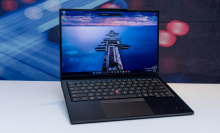 The Lenovo ThinkPad X1 Carbon Gen 14 Aura Edition at CES 2026.