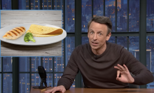 Seth Meyers presents "Late Night" beside an image of a piece of chicken, a piece of broccoli and a tortilla on a plate.