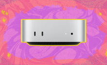 The Apple Mac mini (M4) against a pink background. 