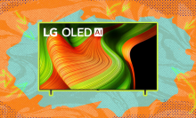 The LG 77-inch Class B5 Series OLED AI 4K UHD Smart webOS TV (2025) against an orange background.